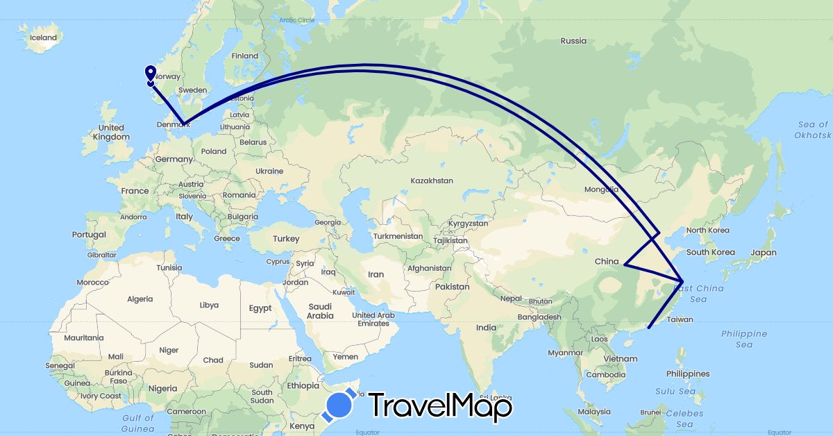 TravelMap itinerary: driving in China, Denmark, Norway (Asia, Europe)