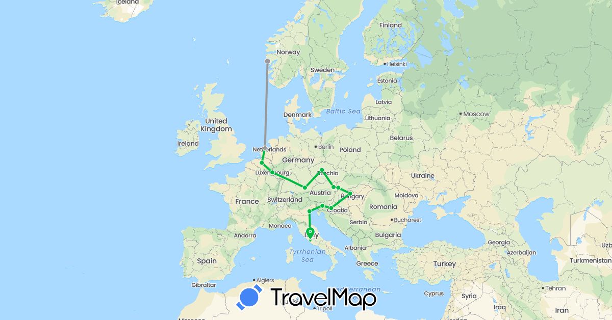 TravelMap itinerary: driving, bus, plane in Austria, Belgium, Czech Republic, Germany, Croatia, Hungary, Italy, Luxembourg, Netherlands, Norway, Slovenia, Slovakia (Europe)